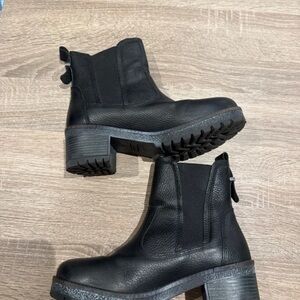 Barbour Black Pebbled Leather Chelsea Lug Booties with Block Heel